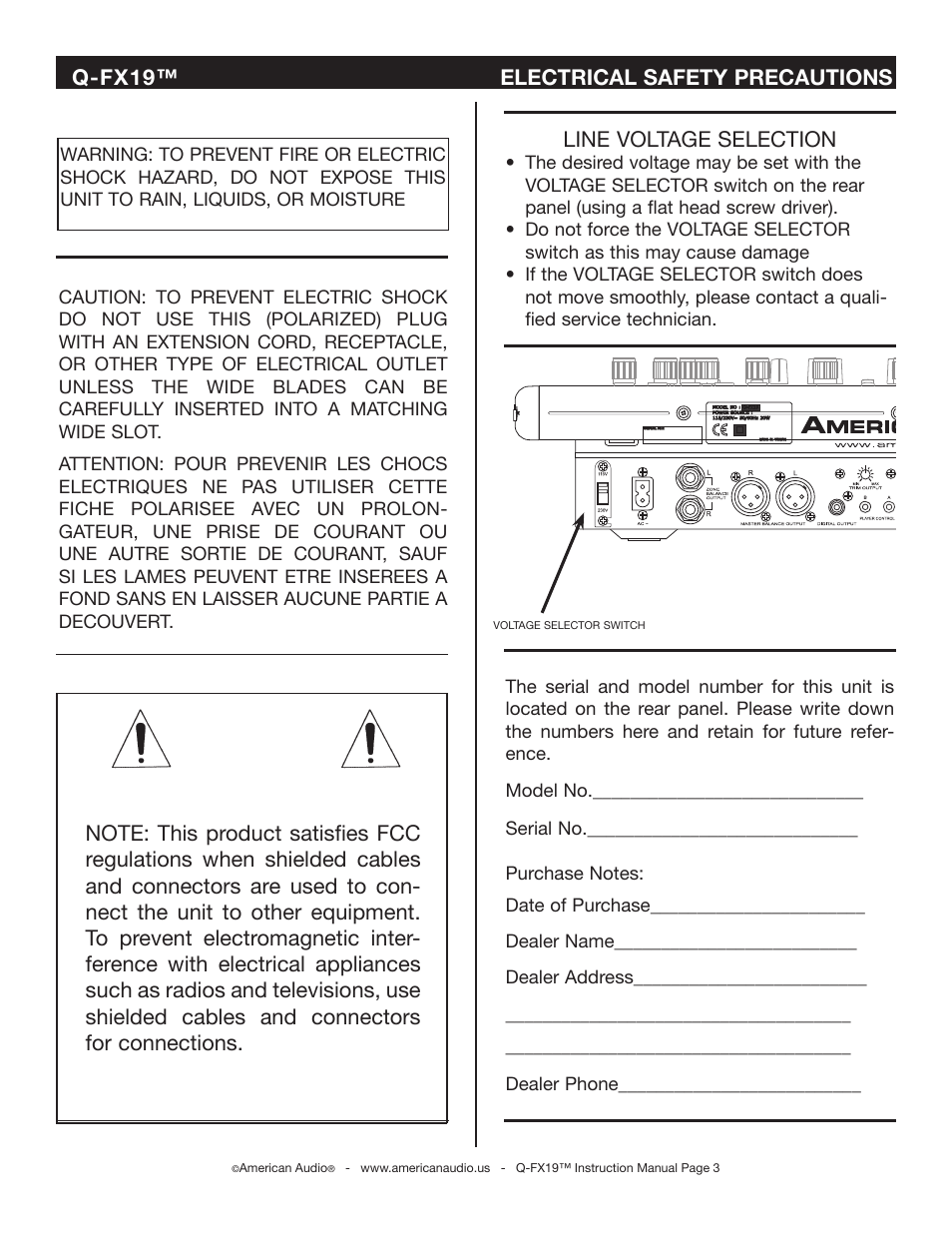 Q-fx19™ electrical safety precautions, Line voltage selection | American Audio Q-FX19 User Manual | Page 3 / 24
