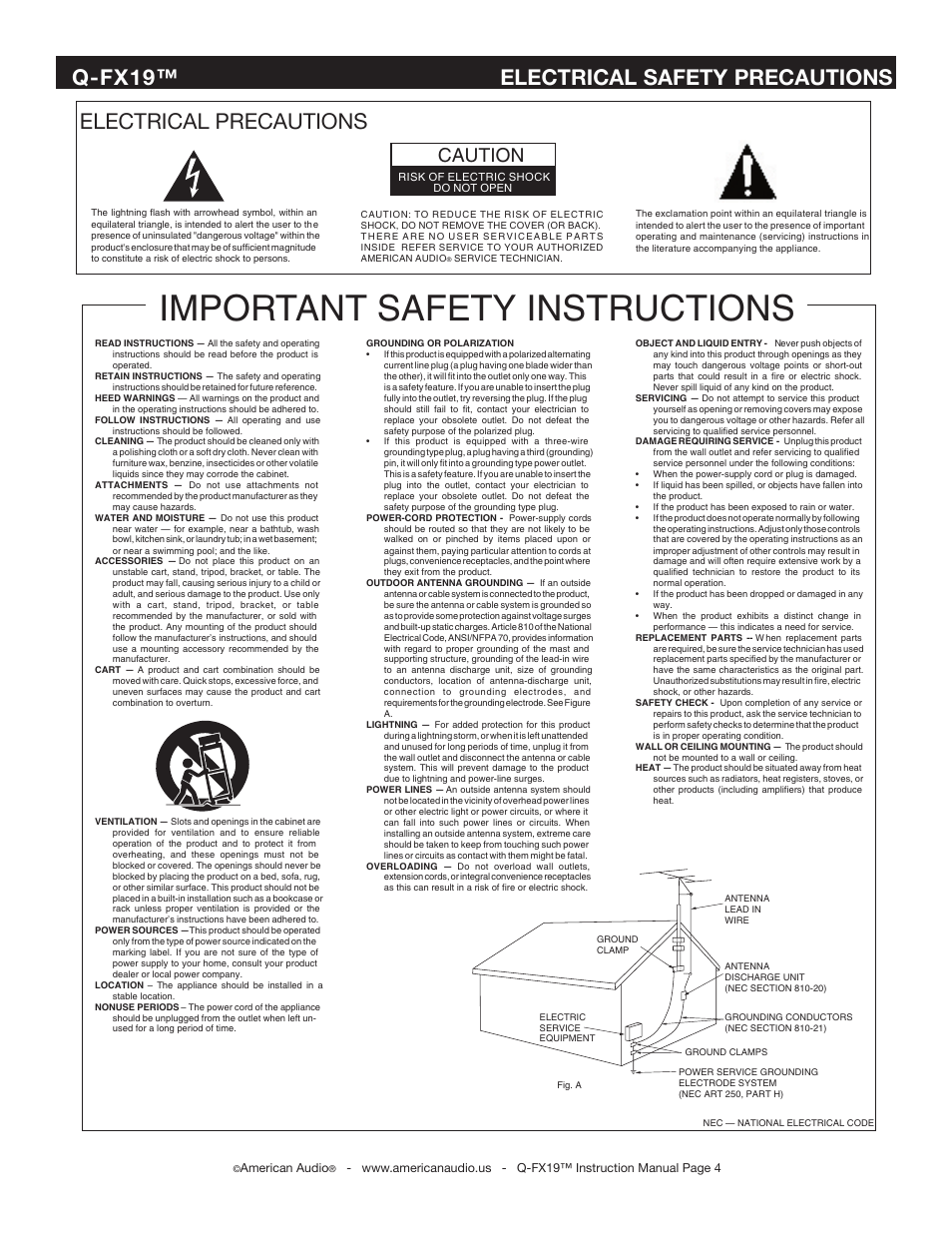 Important safety instructions, Electrical precautions, Q-fx19™ electrical safety precautions | Caution | American Audio Q-FX19 User Manual | Page 4 / 24