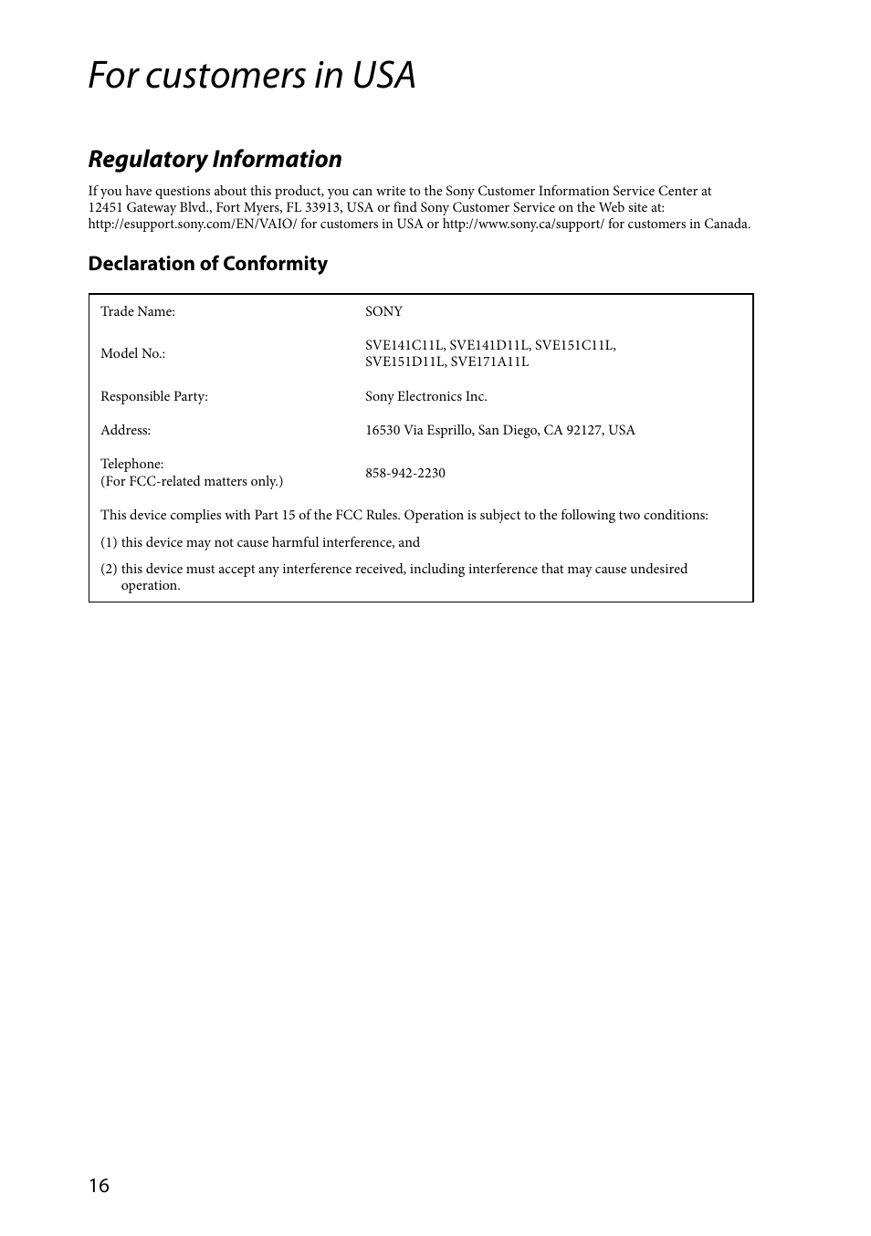 For customers in usa, Regulatory information, Declaration of conformity | Sony Vaio SVE151 Series User Manual | Page 16 / 36