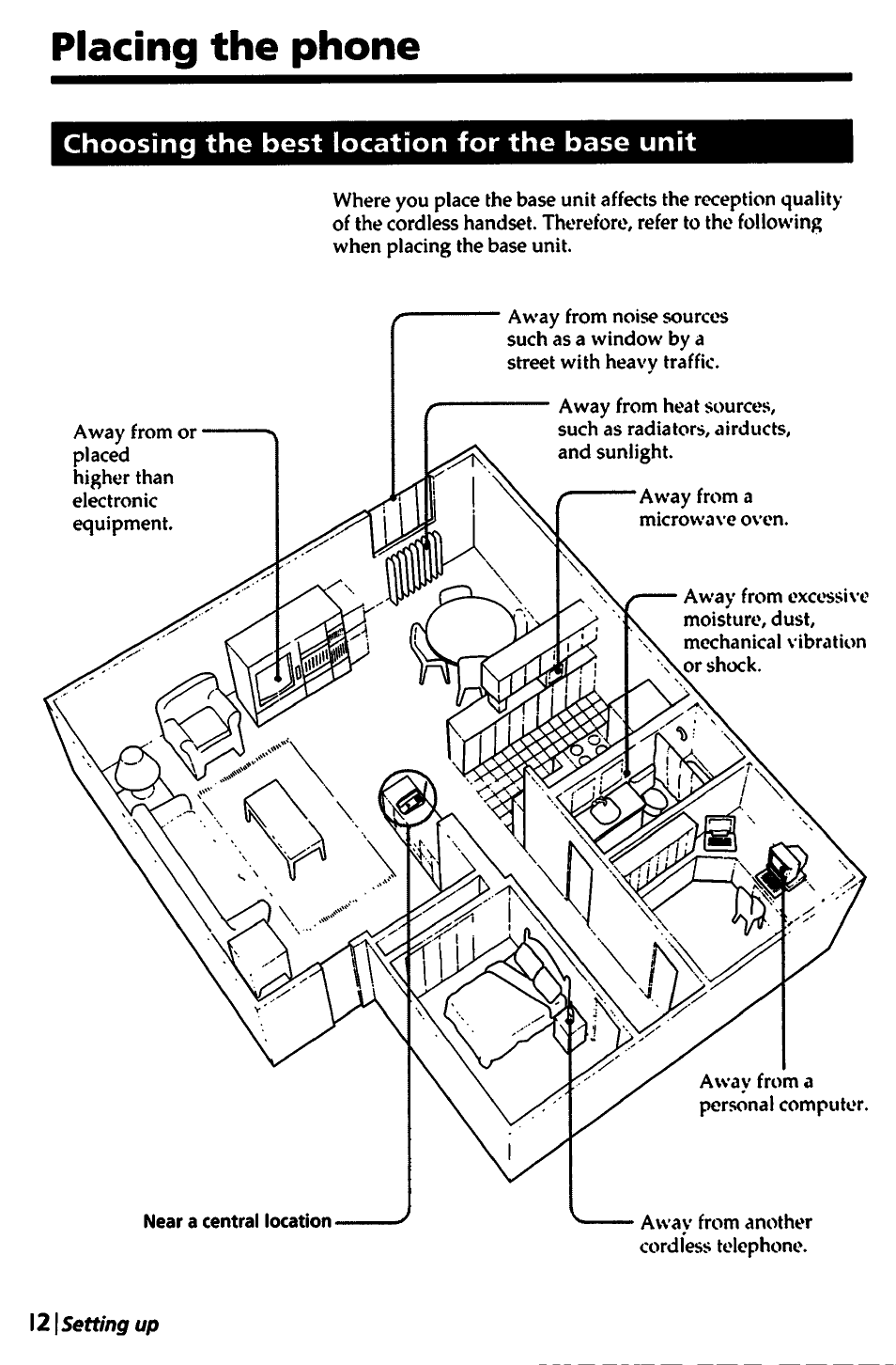 Placing the phone, Choosing the best location for the base unit | Sony SPP-A450 User Manual | Page 12 / 86