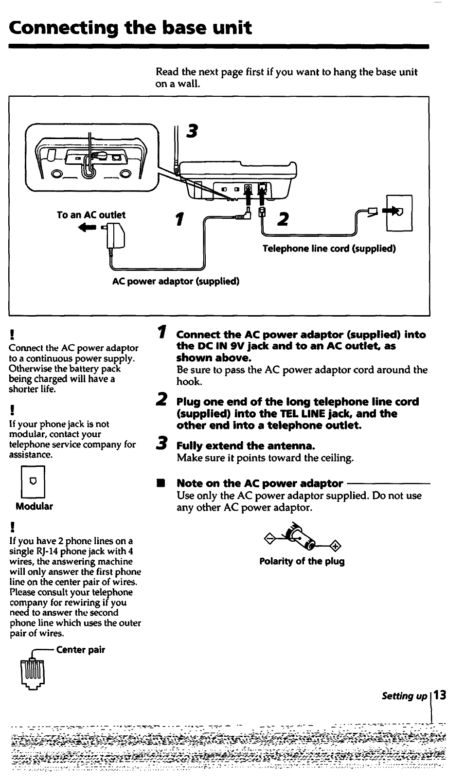 Note on the ac power adaptor, Connecting the base unit | Sony SPP-A450 User Manual | Page 13 / 86