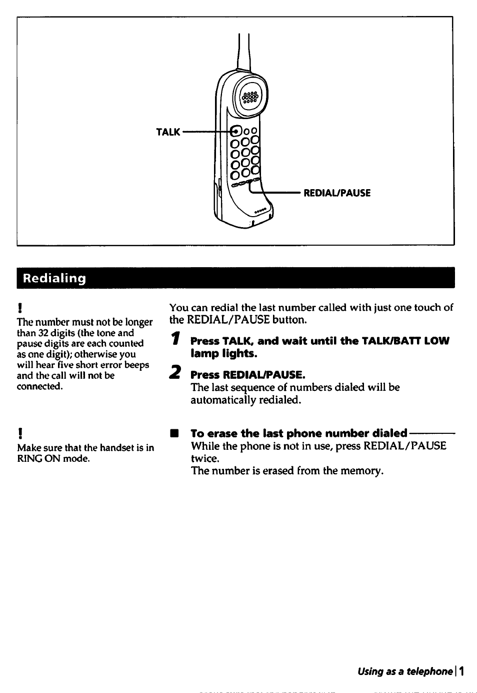 2 press redial/pause, To erase the last phone number dialed | Sony SPP-A450 User Manual | Page 19 / 86