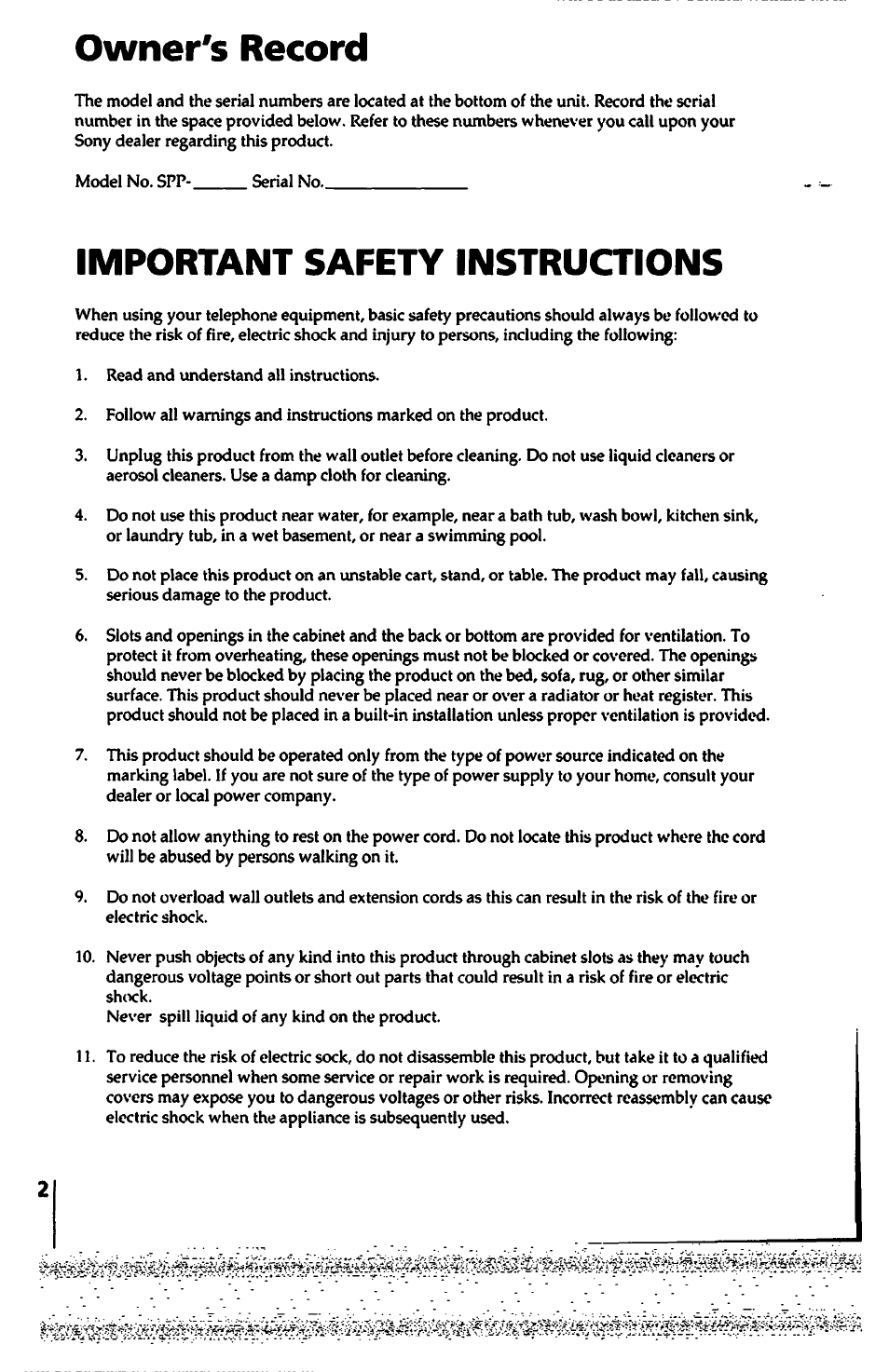 Owner's record, Important safety instructions | Sony SPP-A450 User Manual | Page 2 / 86