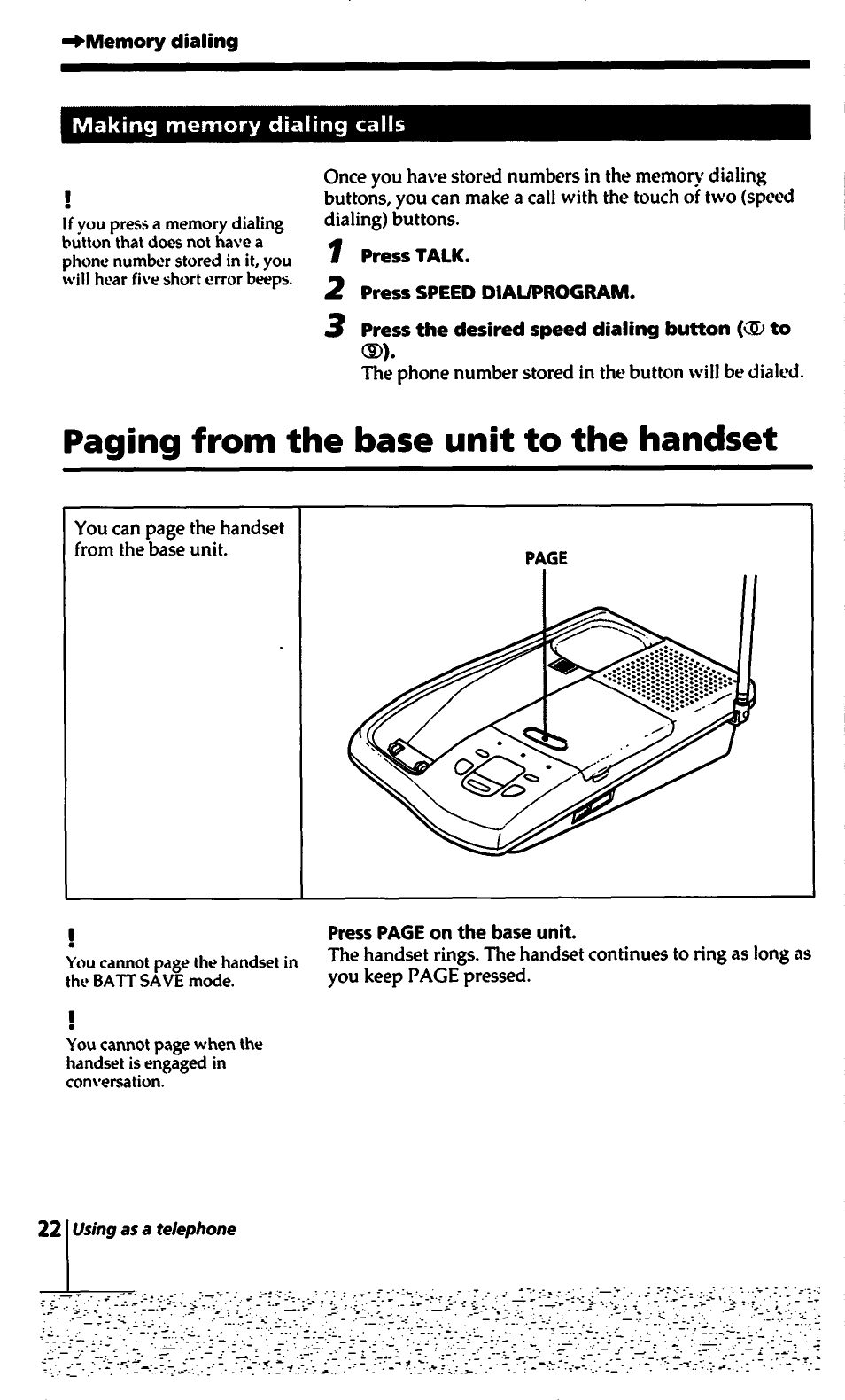 Memory dialing, 1 press talk, 2 press speed dial/program | 3 press the desired speed dialing button (cs> to, Paging from the base unit to the handset | Sony SPP-A450 User Manual | Page 22 / 86