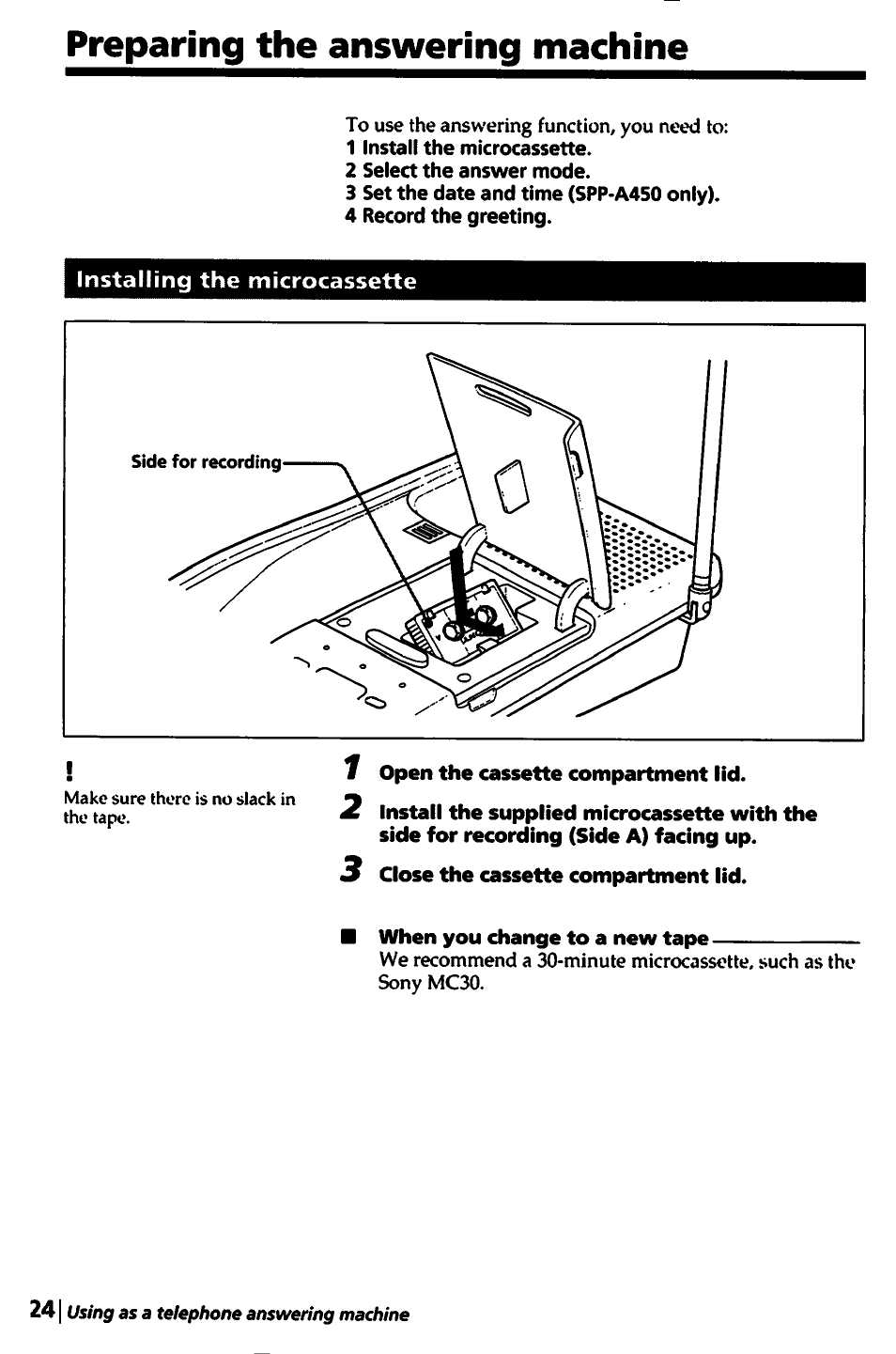 Preparing the answering machine | Sony SPP-A450 User Manual | Page 24 / 86