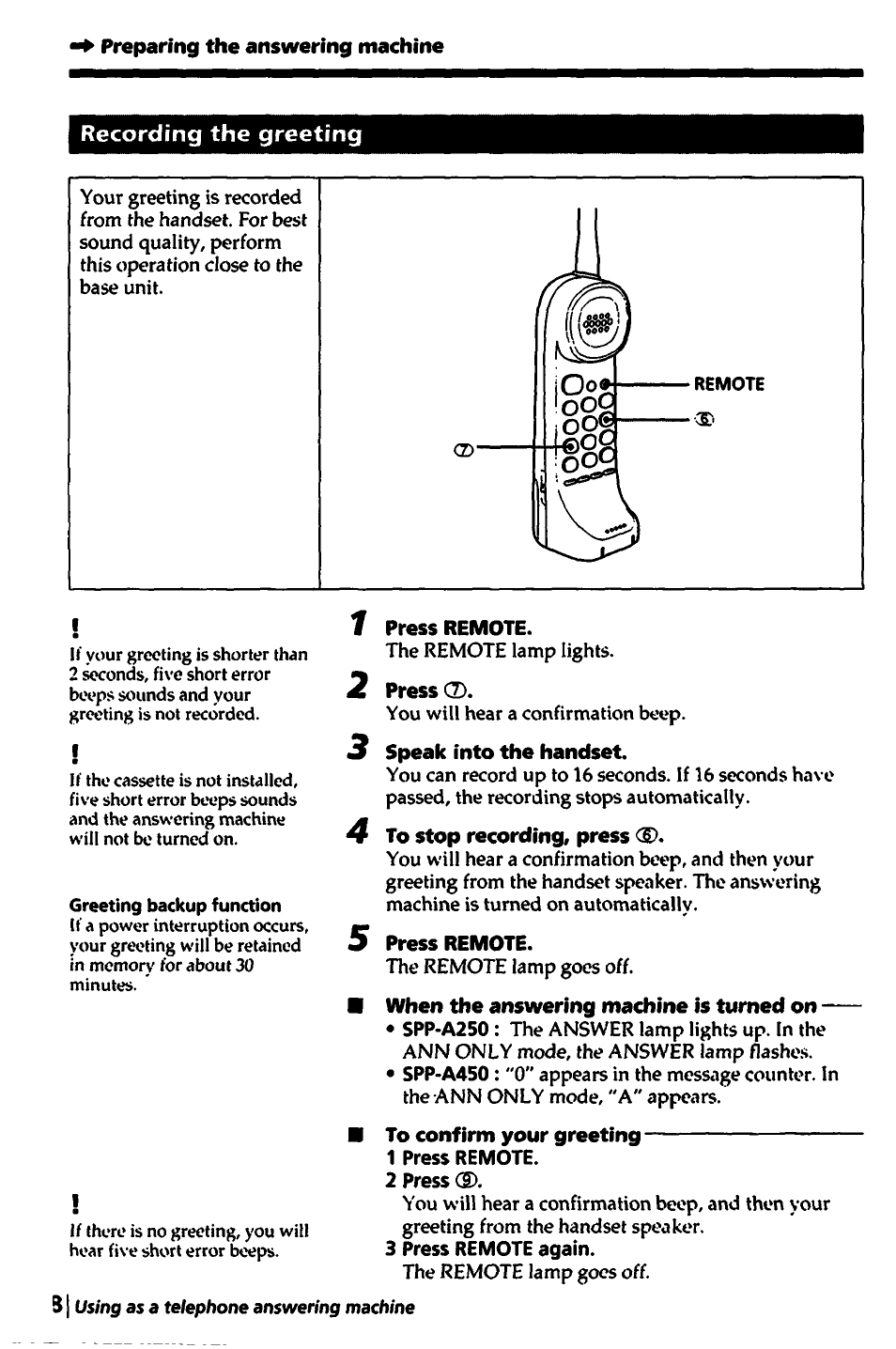 Preparing the answering machine, F press remote, 3 speak into the handset | 4 to stop recording, press <s), 5 press remote | Sony SPP-A450 User Manual | Page 28 / 86