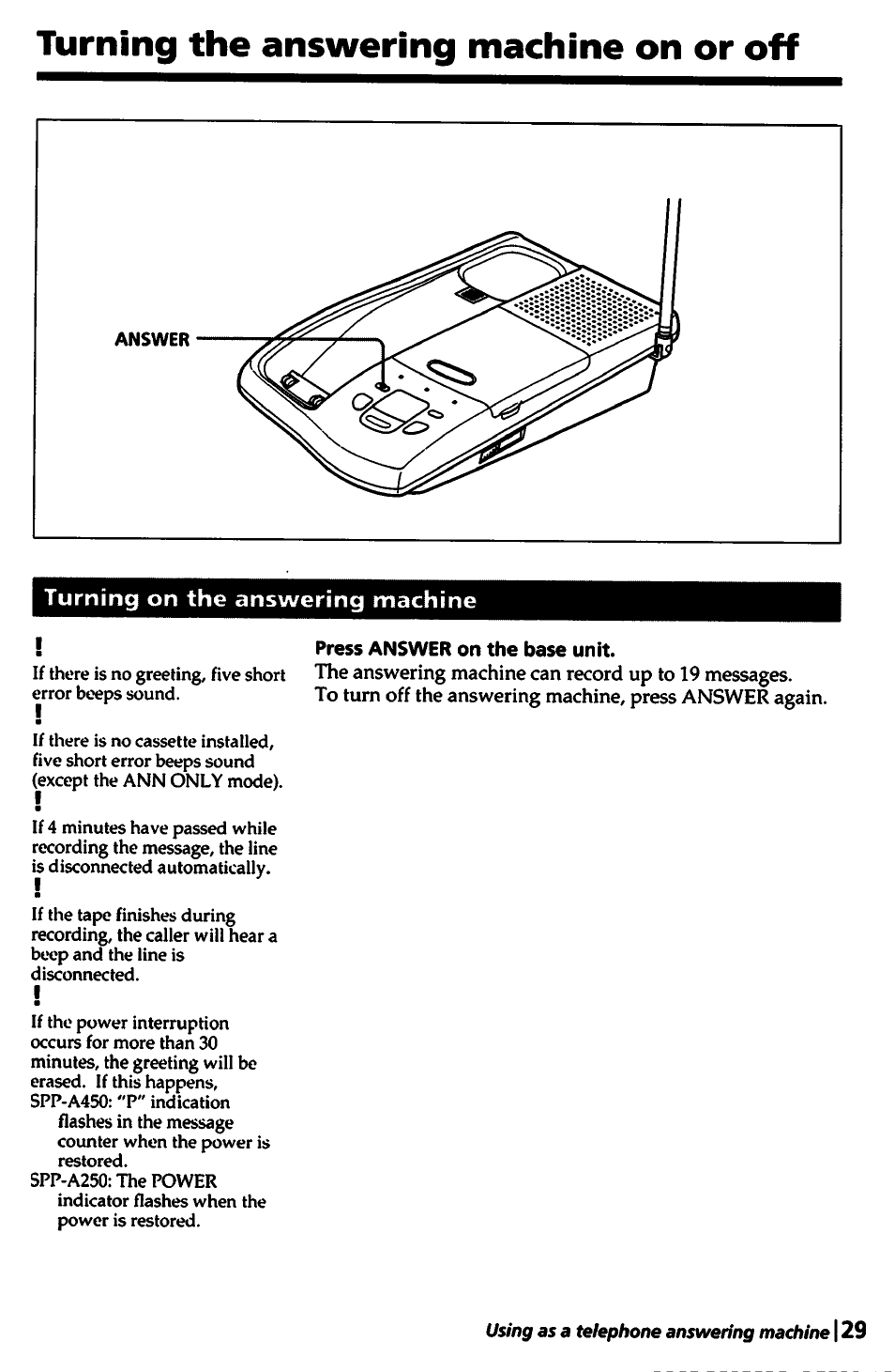 Turning the answering machine on or off | Sony SPP-A450 User Manual | Page 29 / 86