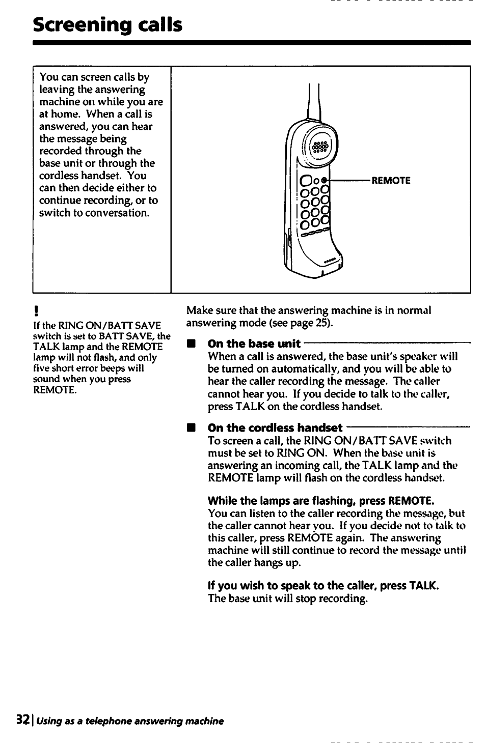 Screening calls | Sony SPP-A450 User Manual | Page 32 / 86