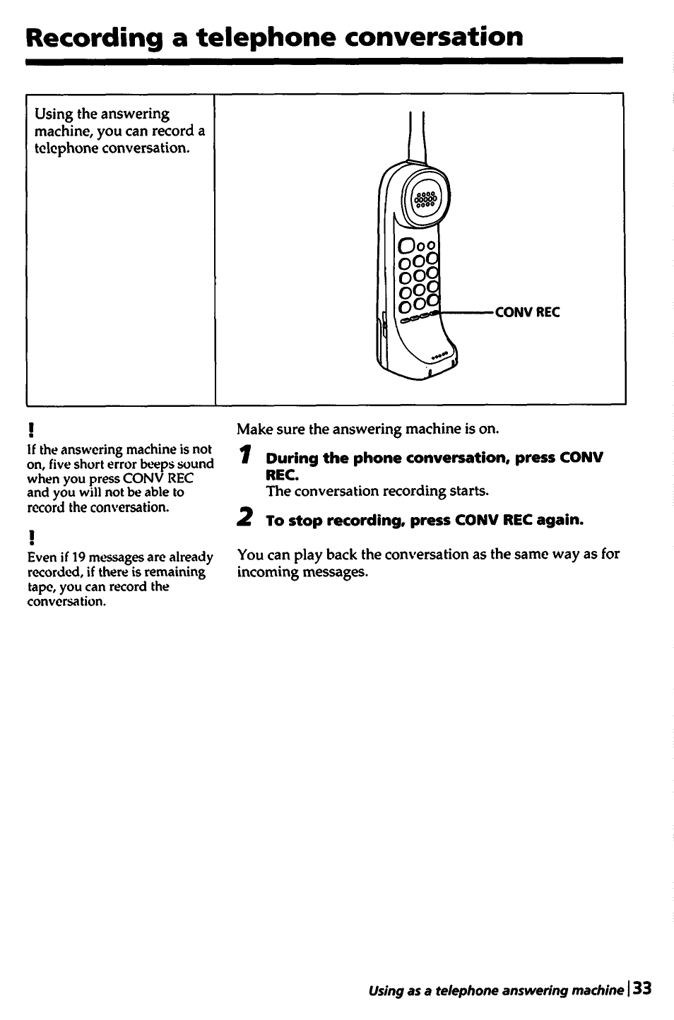 Recording a telephone conversation, 1 during the phone conversation, press conv rec, 2 to stop recording, press conv rec again | Sony SPP-A450 User Manual | Page 33 / 86