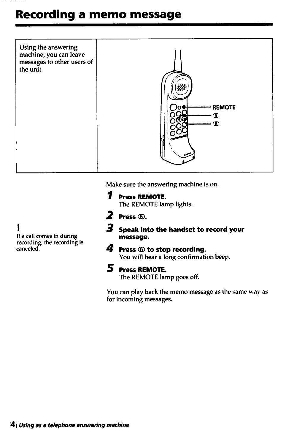 Recording a memo message, 2 press cd, 3 speak into the handset to record your message | 4 press cd to stop recording, 5 press remote | Sony SPP-A450 User Manual | Page 34 / 86