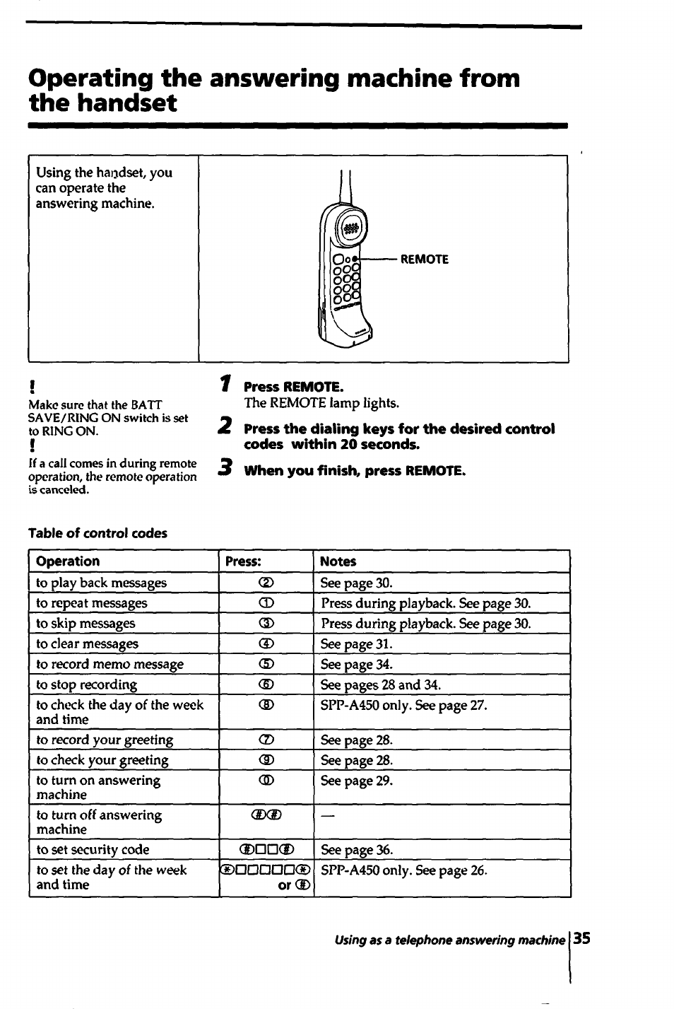 Operating the answering machine from the handset, 3 when you finish, press remote | Sony SPP-A450 User Manual | Page 35 / 86
