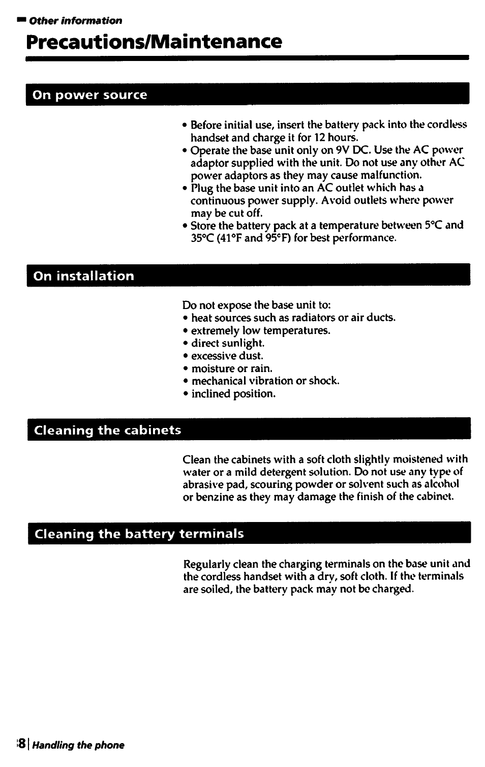 Precautions/maintenance | Sony SPP-A450 User Manual | Page 38 / 86