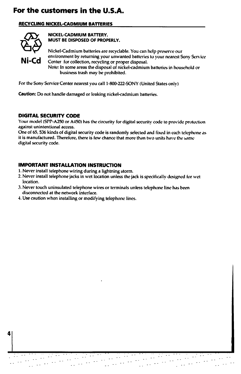 Digital security code, Important installation instruction, For the customers in the u.s.a | Ni-cd | Sony SPP-A450 User Manual | Page 4 / 86