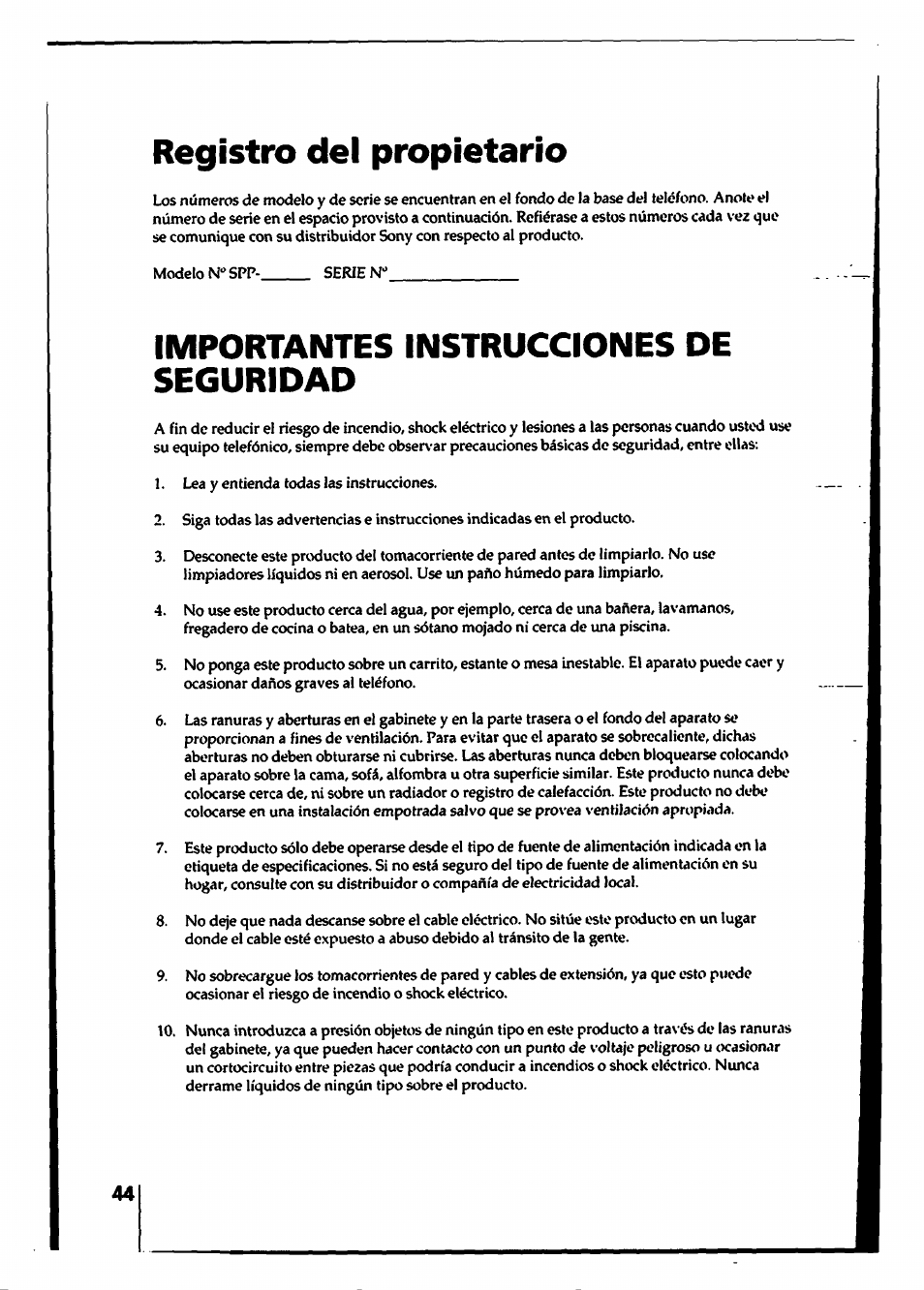 Registro del propietario, Importantes instrucciones de seguridad | Sony SPP-A450 User Manual | Page 44 / 86