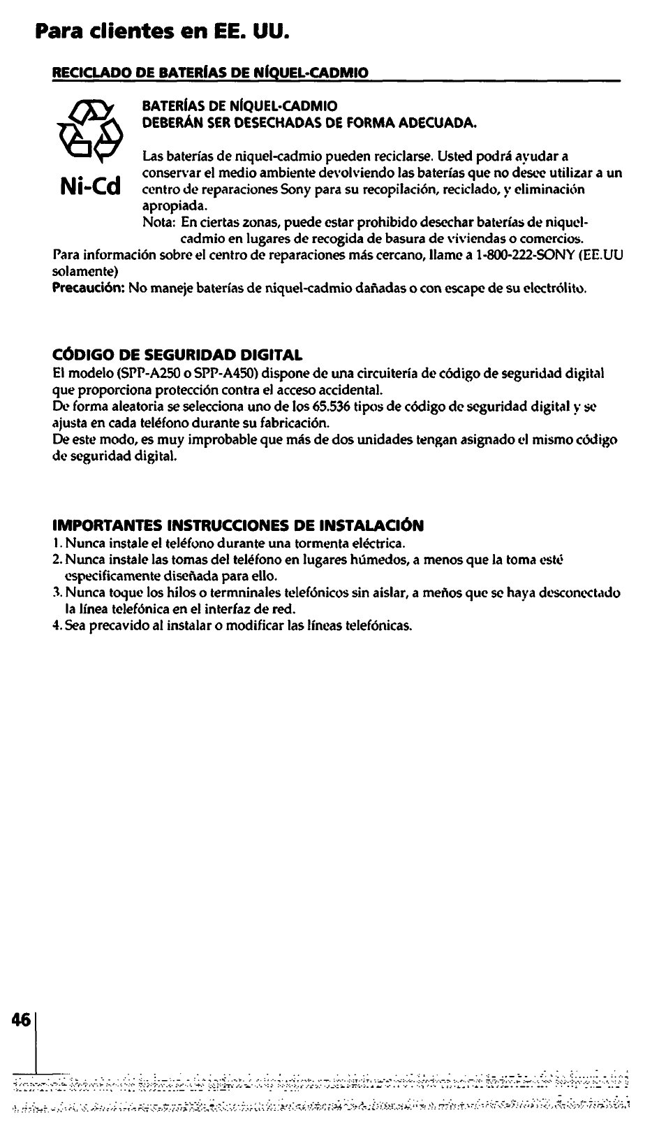 Para clientes en ee. uu, N l'ccl | Sony SPP-A450 User Manual | Page 46 / 86