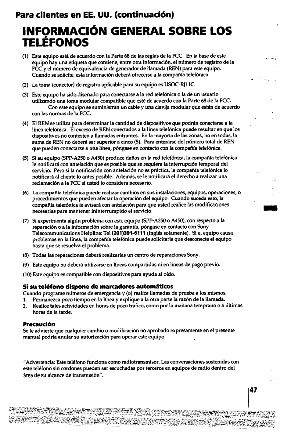 Si su teléfono dispone de marcadores automáticos, Precaución, Información general sobre los teléfonos | Para dientes en ee. uu. (continuación) | Sony SPP-A450 User Manual | Page 47 / 86