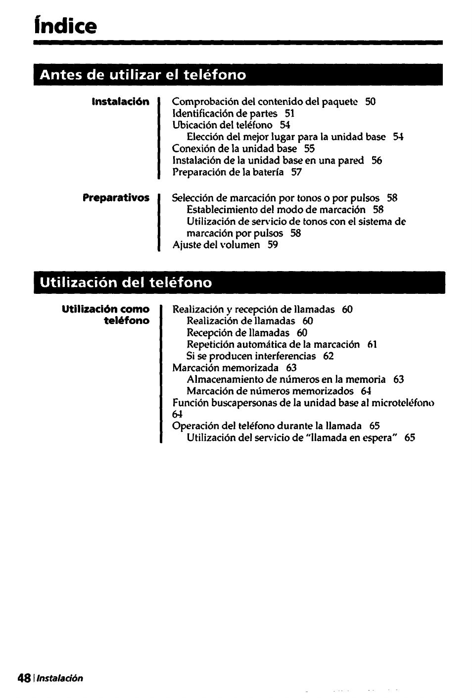 Instalación, Preparativos, Utilización como teléfono | Índice, Antes de utilizar el teléfono, Utilización del teléfono | Sony SPP-A450 User Manual | Page 48 / 86