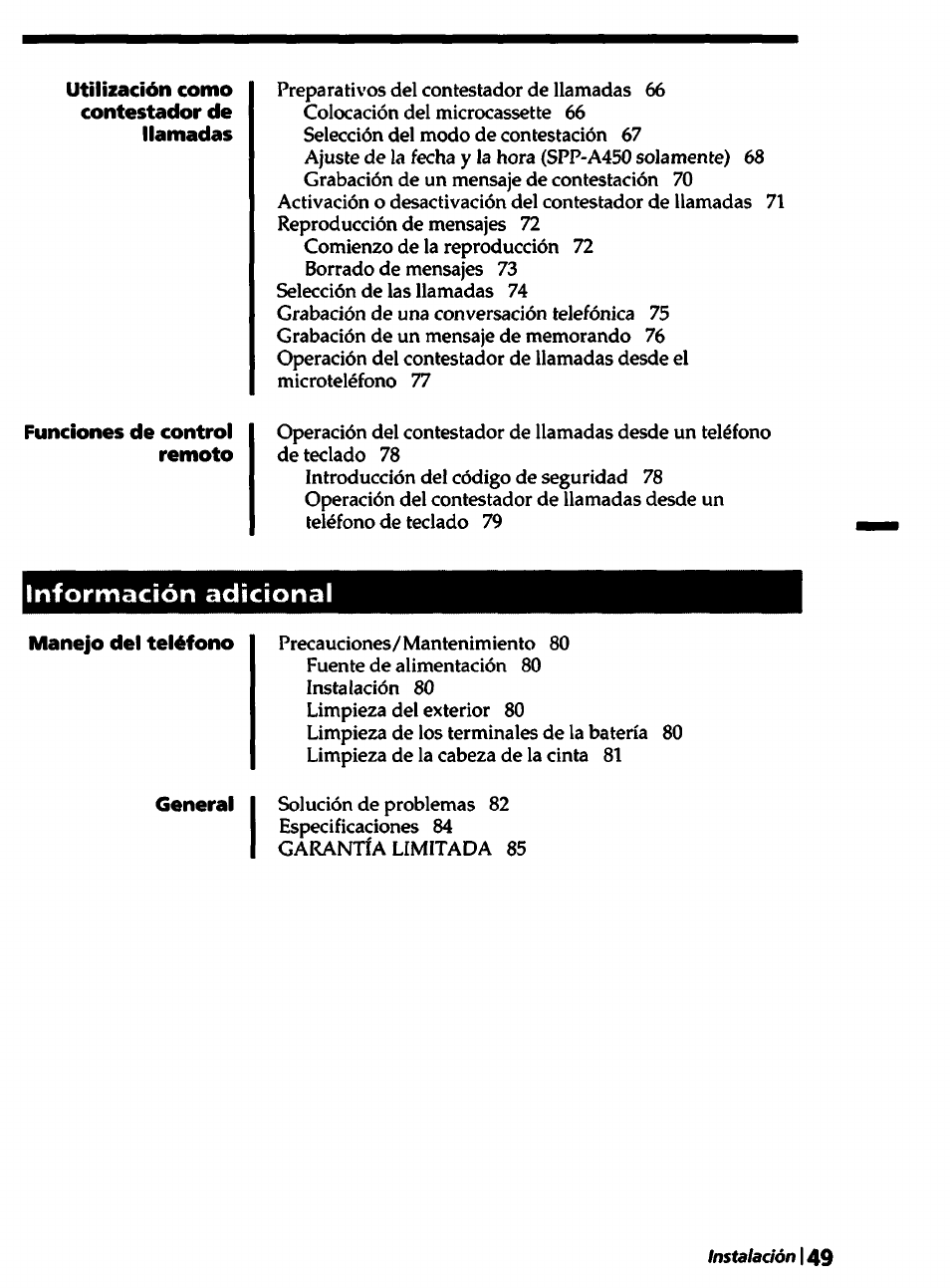 Funciones de control remoto, Manejo del teléfono, Información adicional | Sony SPP-A450 User Manual | Page 49 / 86