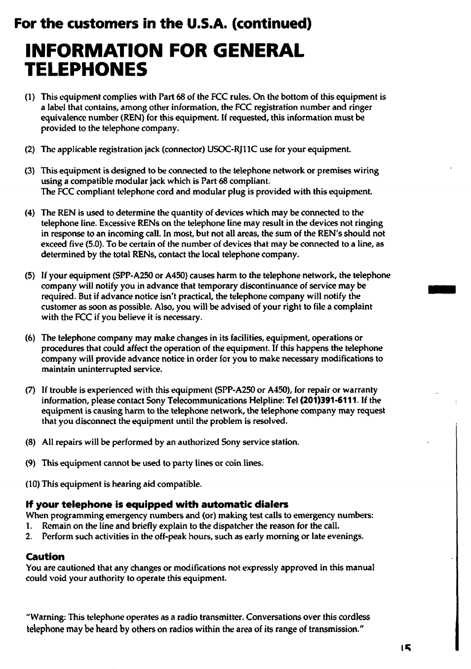 Caution, Information for general telephones, For the customers in the u.s.a. (continued) | Sony SPP-A450 User Manual | Page 5 / 86