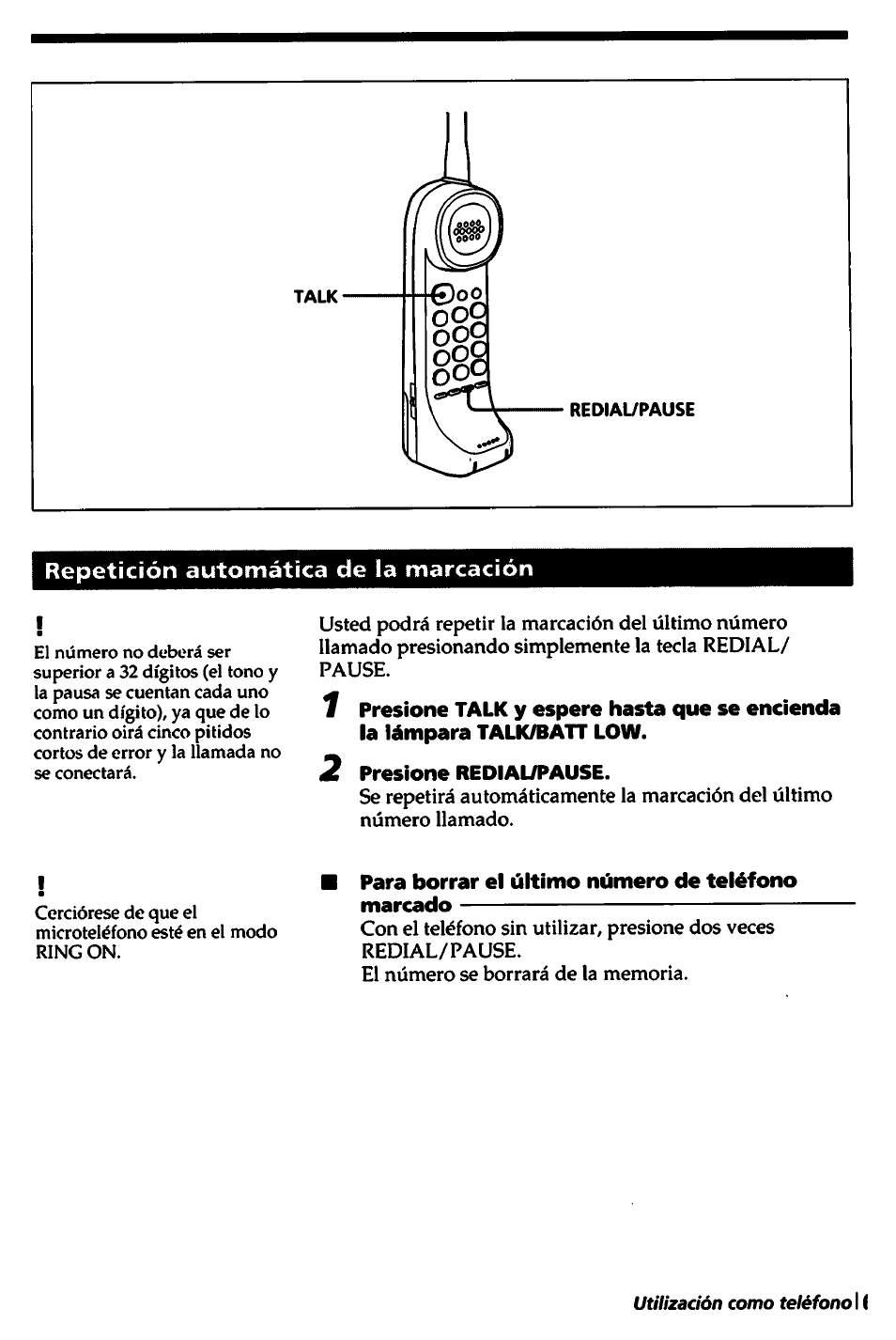 2 presione redial/pause, Para borrar el último número de teléfono marcado | Sony SPP-A450 User Manual | Page 61 / 86