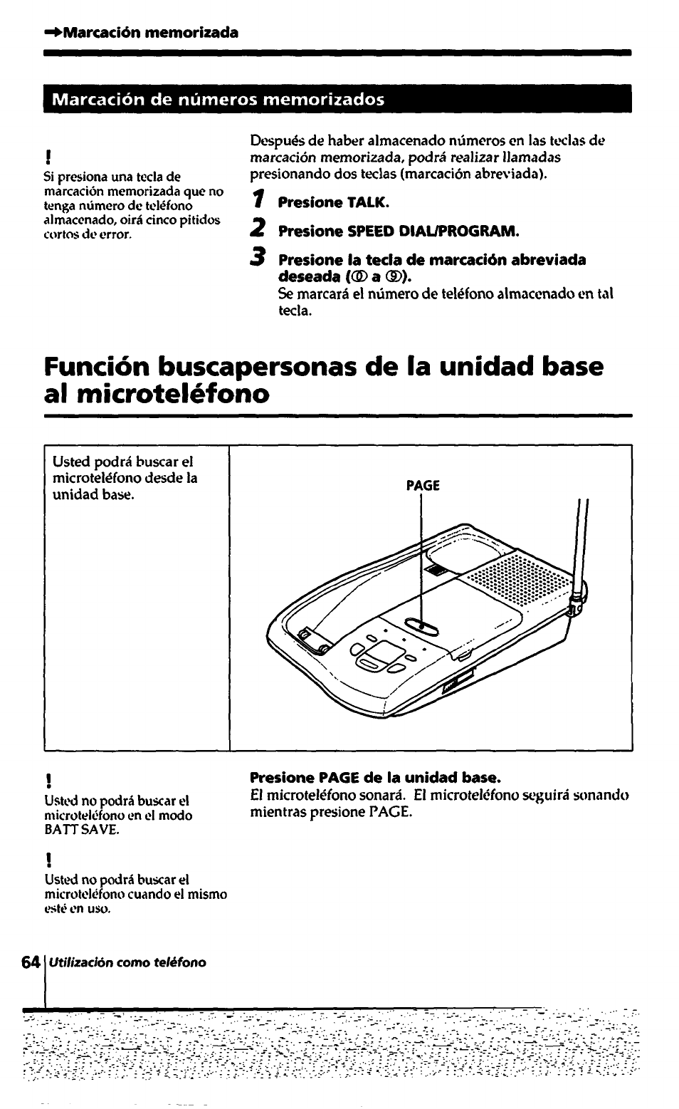 Marcación memorizada, 1 presione talk, 2 presione speed dial/program | Sony SPP-A450 User Manual | Page 64 / 86