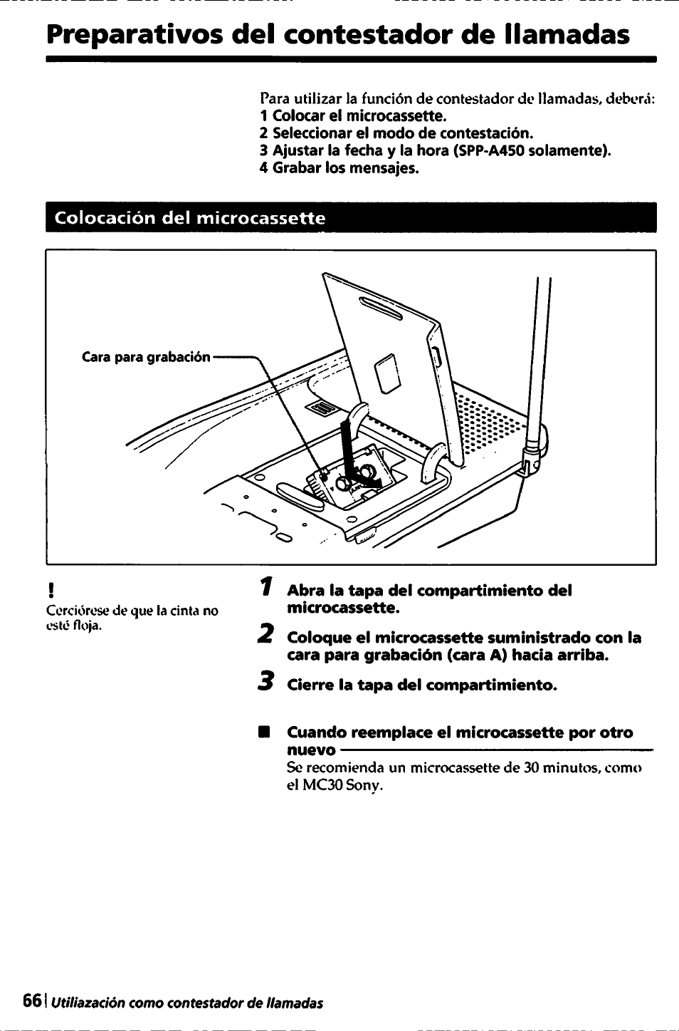 Preparativos del contestador de llamadas | Sony SPP-A450 User Manual | Page 66 / 86