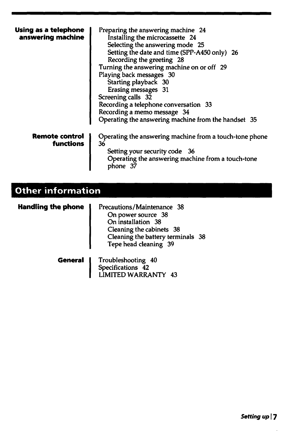 Using as a telephone answering machine, Remote control functions, Handling the phone | Other information | Sony SPP-A450 User Manual | Page 7 / 86