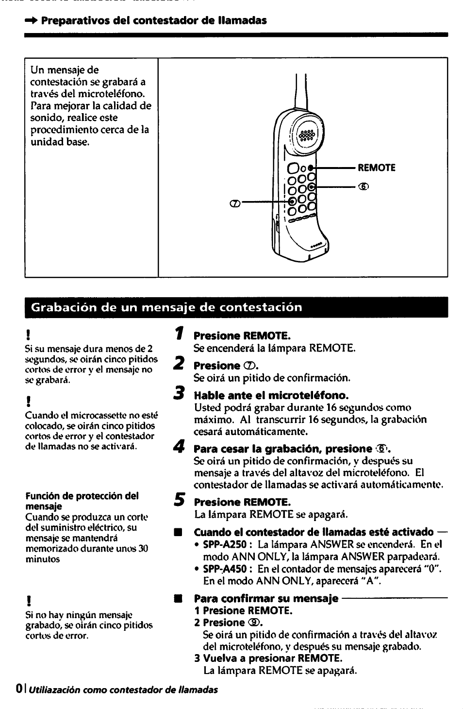 1 presione remote, 3 hable ante el microteléfono, 4 para cesar la grabación, presione cf | 5 presione remote | Sony SPP-A450 User Manual | Page 70 / 86