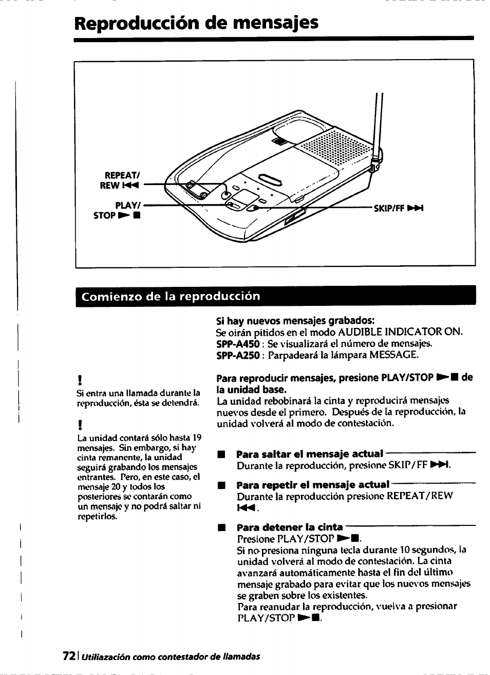 Reproducción de mensajes | Sony SPP-A450 User Manual | Page 72 / 86