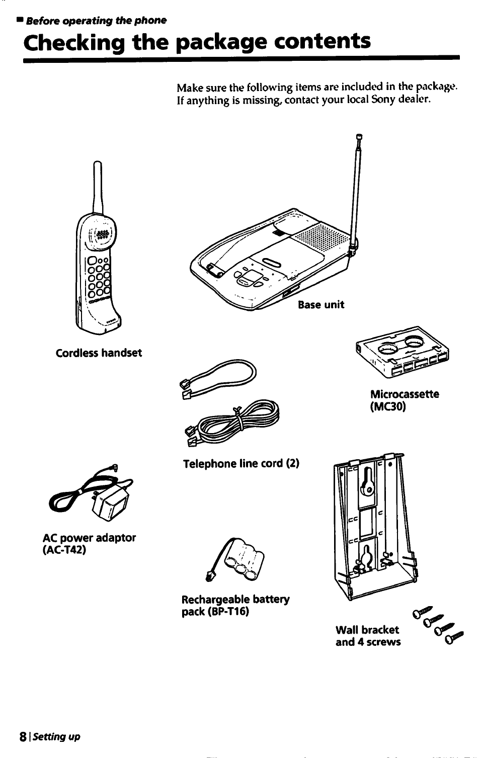 Checking the package contents | Sony SPP-A450 User Manual | Page 8 / 86