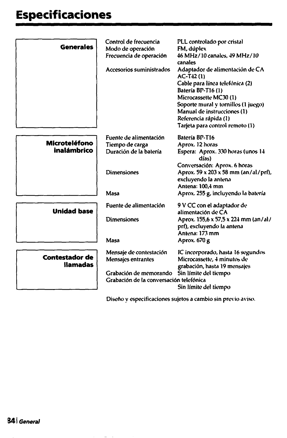 Especificaciones, Microteléfono, Inalámbrico | Unidad base, Contestador de llamadas | Sony SPP-A450 User Manual | Page 84 / 86