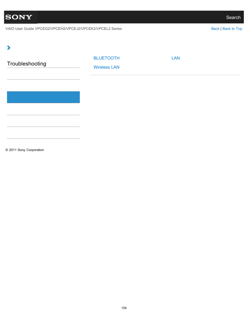 Network / internet, Troubleshooting | Sony VPCEL2 Series User Manual | Page 104 / 360