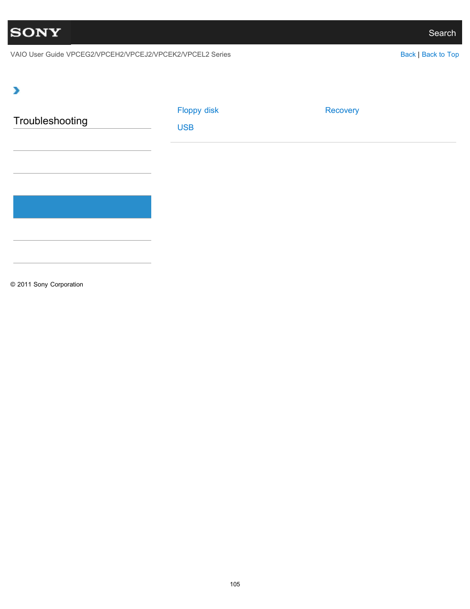 Backup / recovery, Troubleshooting | Sony VPCEL2 Series User Manual | Page 105 / 360