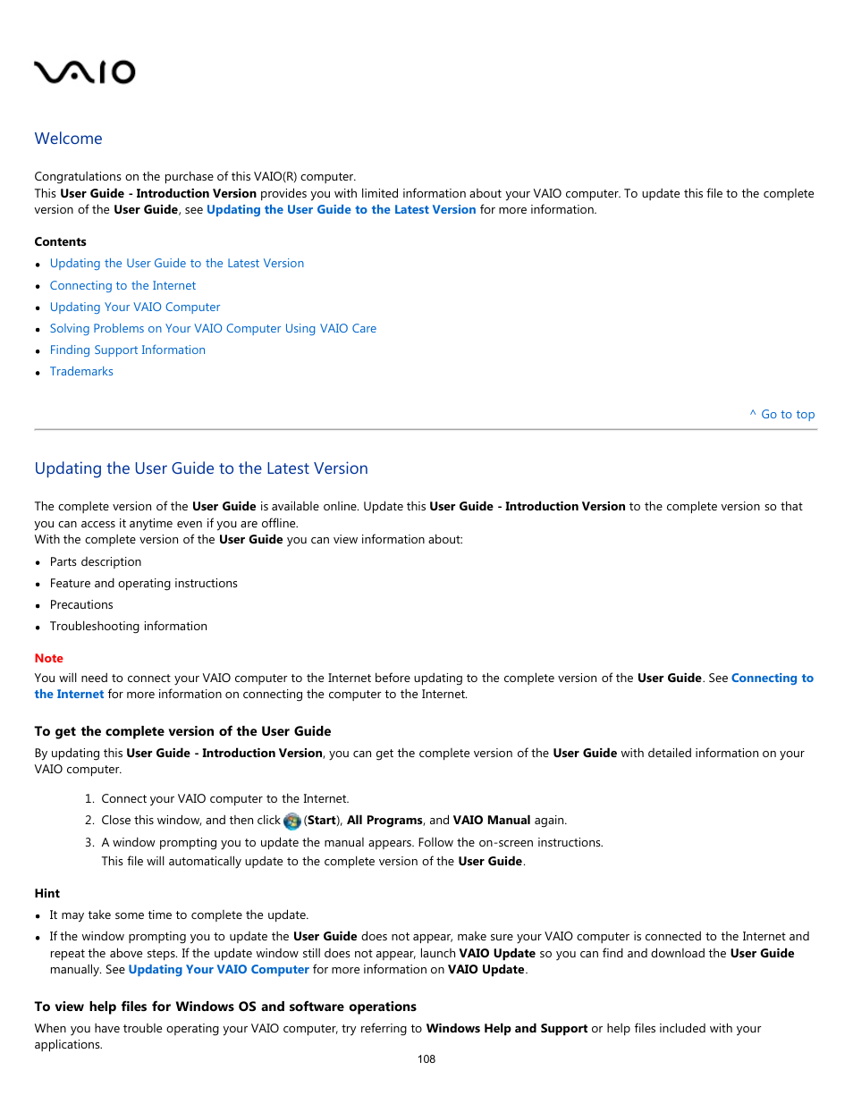 Details, Welcome, Updating the user guide to the latest version | Sony VPCEL2 Series User Manual | Page 108 / 360
