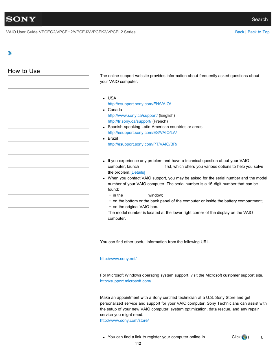 About online support website, How to use | Sony VPCEL2 Series User Manual | Page 112 / 360