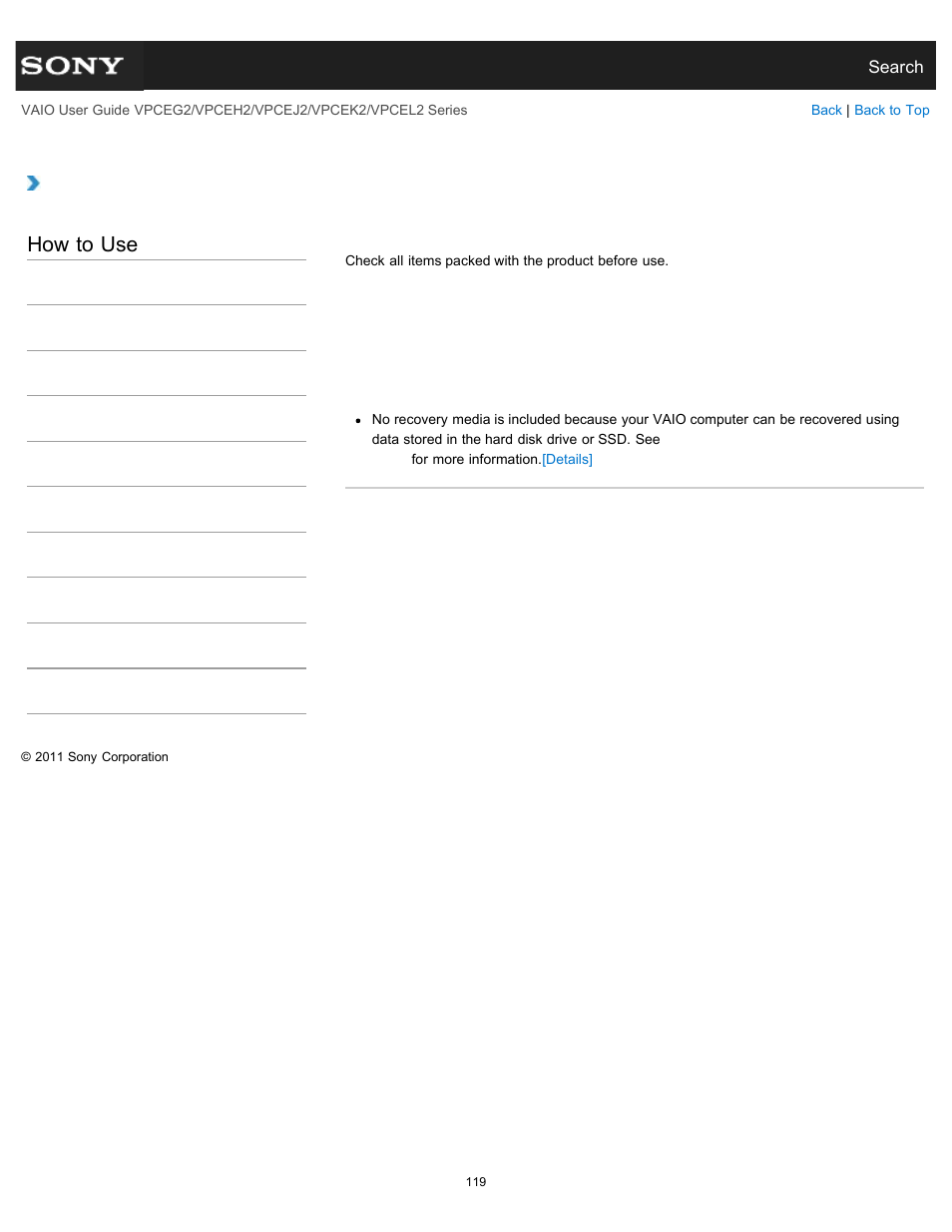 Checking supplied items, How to use | Sony VPCEL2 Series User Manual | Page 119 / 360