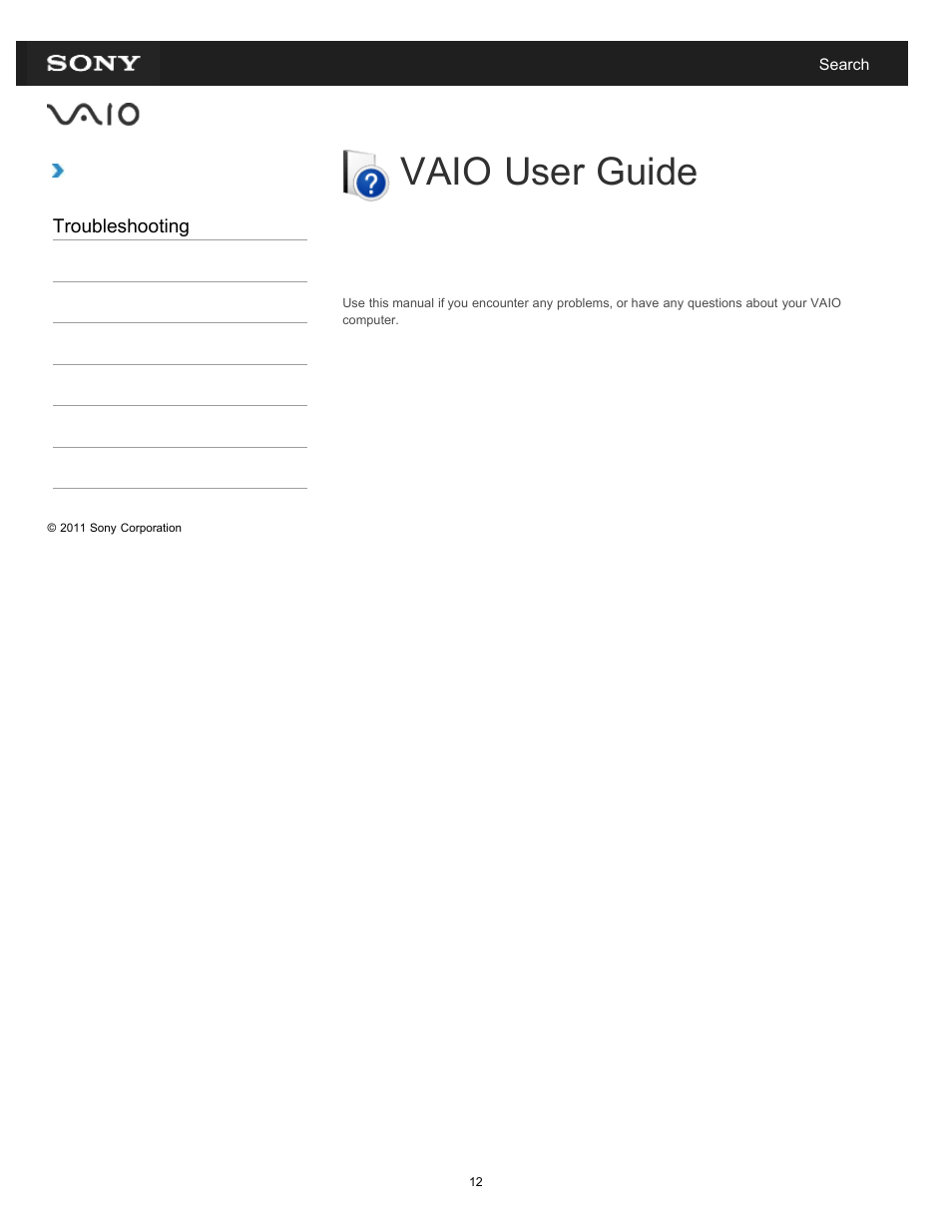 Troubleshooting, Vaio user guide | Sony VPCEL2 Series User Manual | Page 12 / 360