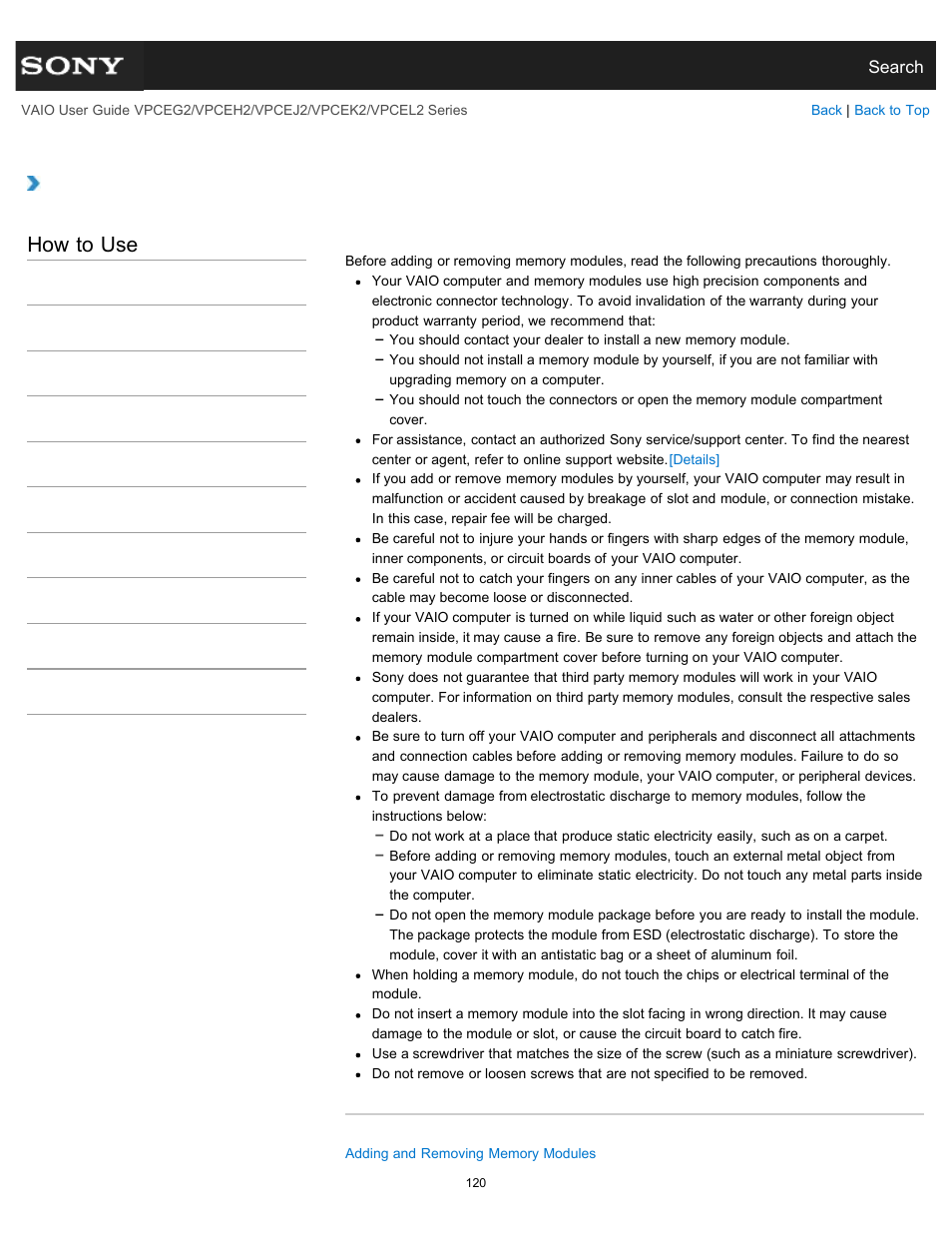 Notes on adding and removing memory modules, How to use | Sony VPCEL2 Series User Manual | Page 120 / 360