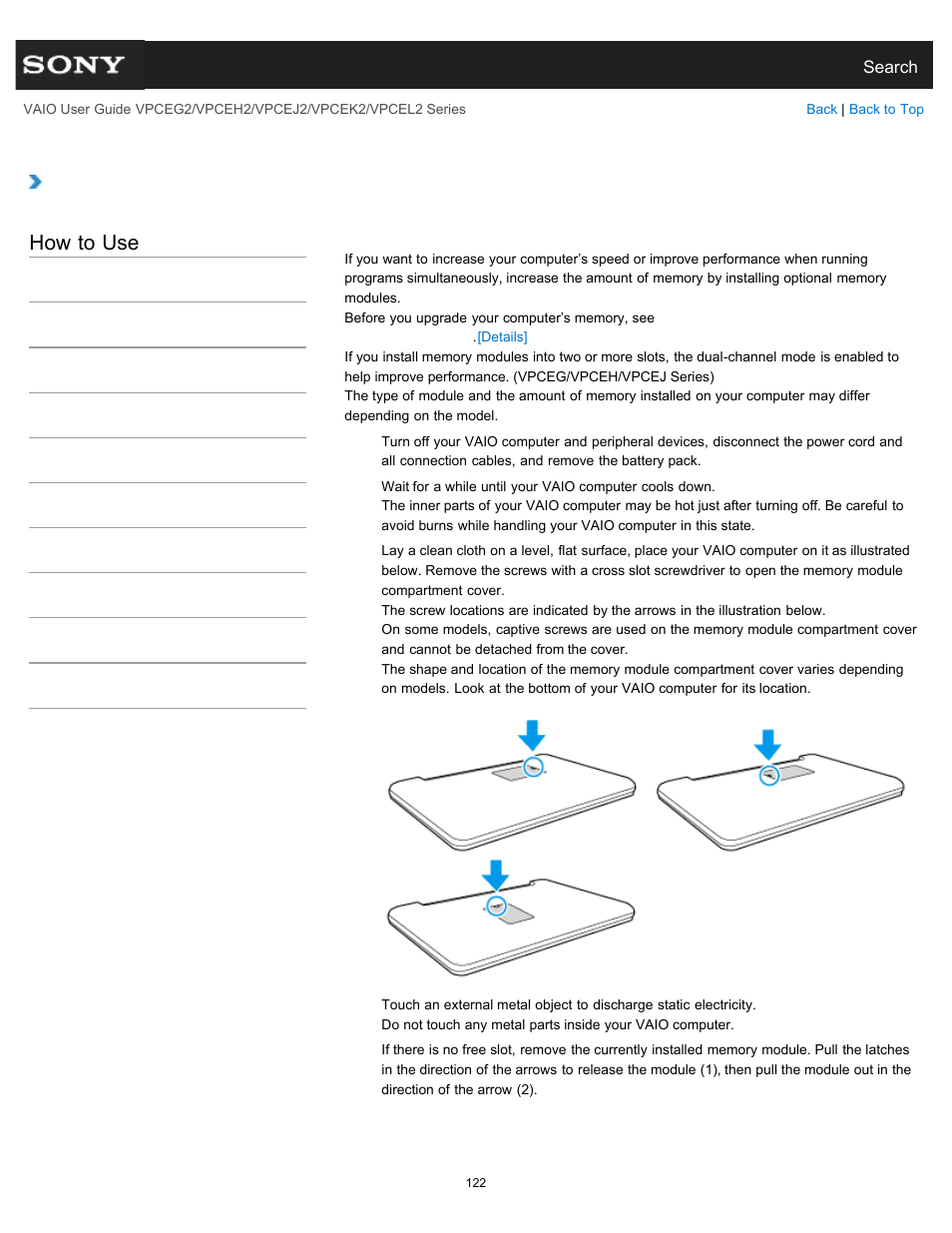 Adding and removing memory modules, Details, How to use | Sony VPCEL2 Series User Manual | Page 122 / 360