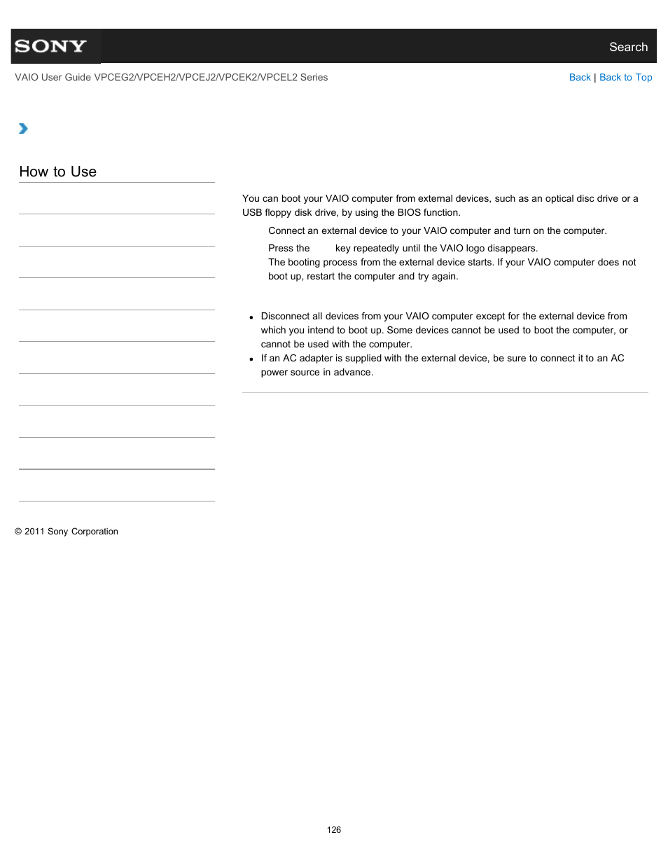 Booting your vaio computer from external devices, How to use | Sony VPCEL2 Series User Manual | Page 126 / 360