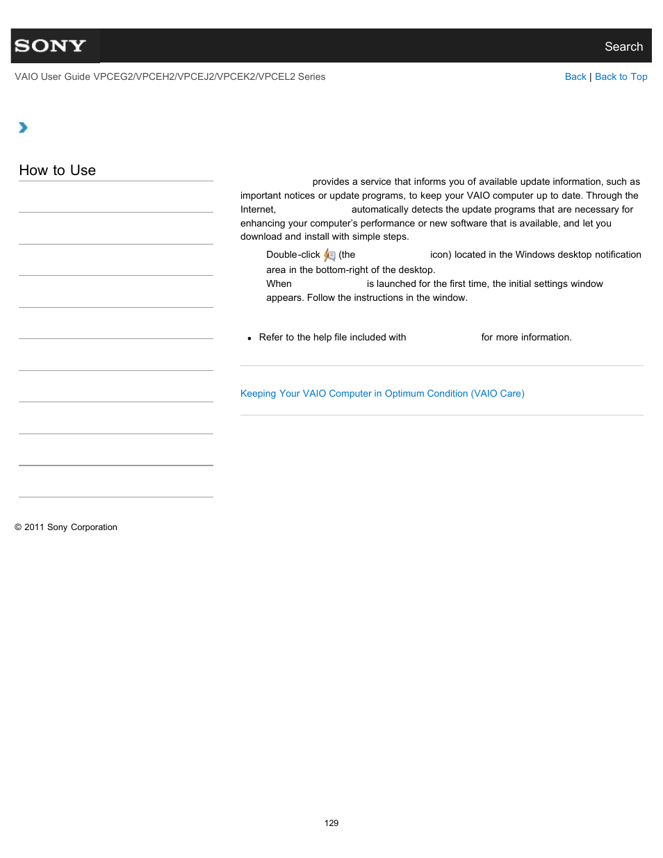 Using vaio update, How to use | Sony VPCEL2 Series User Manual | Page 129 / 360