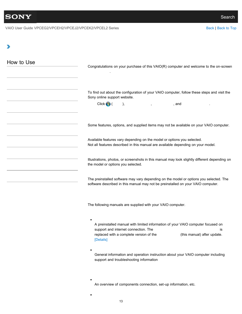 Read this first, How to use | Sony VPCEL2 Series User Manual | Page 13 / 360