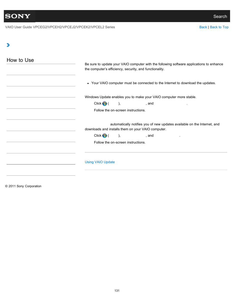 Updating your vaio computer, How to use | Sony VPCEL2 Series User Manual | Page 131 / 360