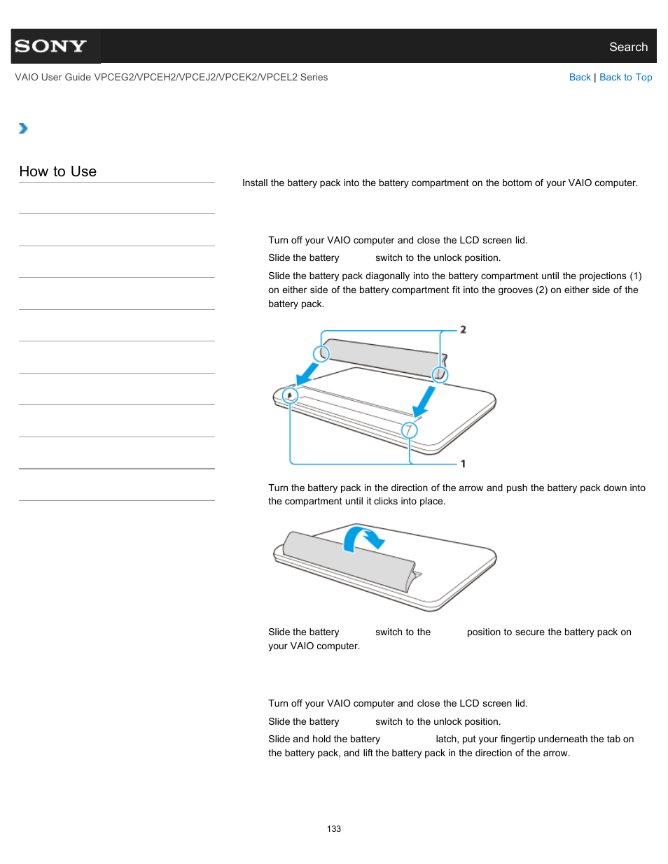 Installing/removing the battery pack, Details, How to use | Sony VPCEL2 Series User Manual | Page 133 / 360