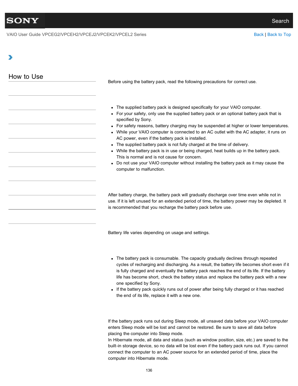 Notes on using the battery pack, How to use | Sony VPCEL2 Series User Manual | Page 136 / 360