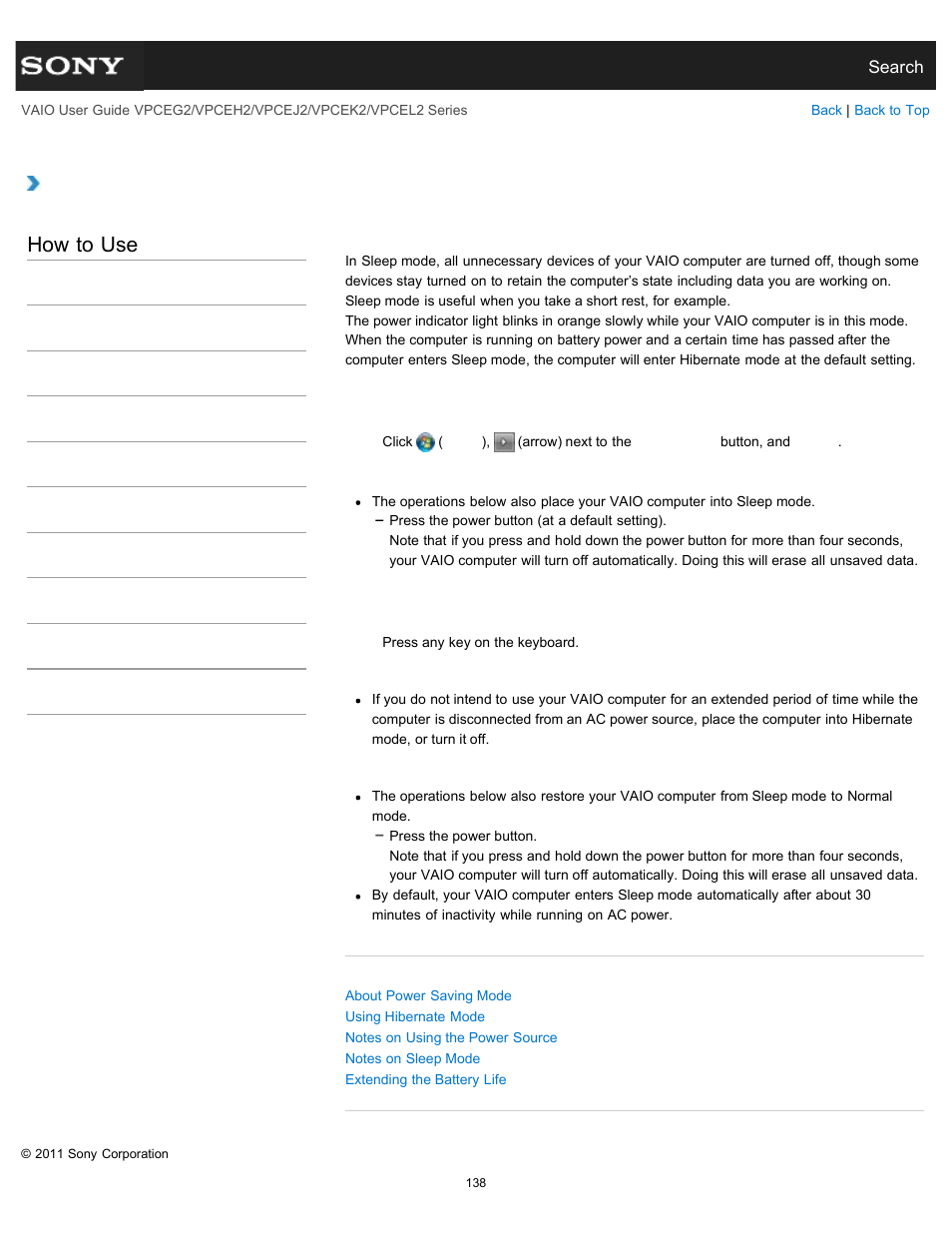 Using sleep mode, How to use | Sony VPCEL2 Series User Manual | Page 138 / 360