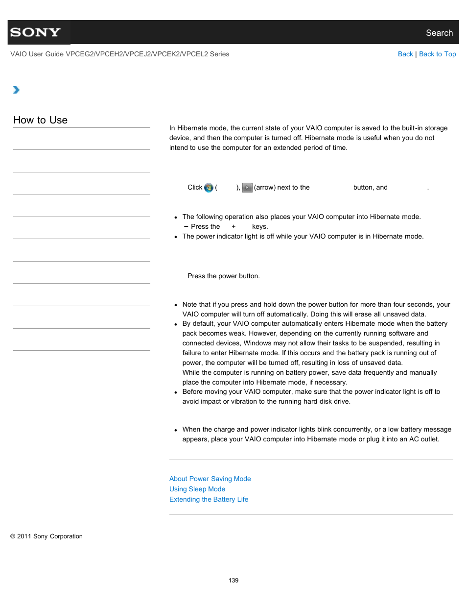 Using hibernate mode, How to use | Sony VPCEL2 Series User Manual | Page 139 / 360