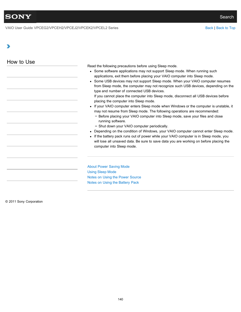 Notes on sleep mode, How to use | Sony VPCEL2 Series User Manual | Page 140 / 360