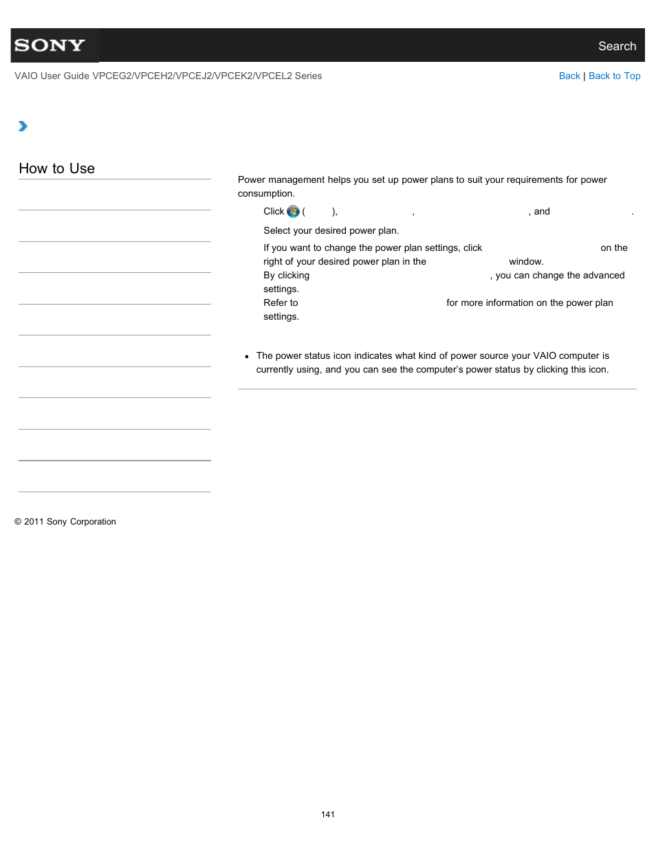 Selecting a power plan, How to use | Sony VPCEL2 Series User Manual | Page 141 / 360