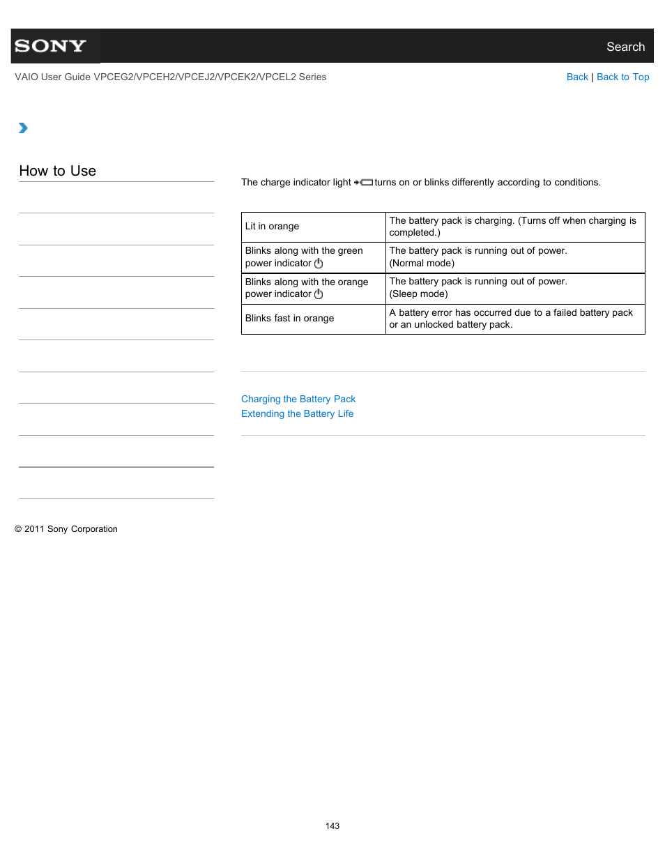 Charge indicator status list, Details, How to use | Sony VPCEL2 Series User Manual | Page 143 / 360